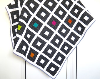 Black and white lap quilt, modern geometric quilt, modern home decor, Hello quilt