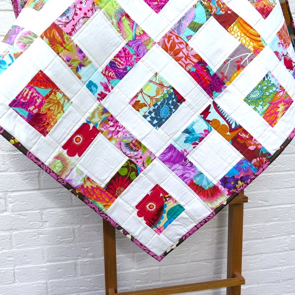 floral lap quilt, modern geometric toddler quilt, rainbow colors, boho style comforter, sofa quilt