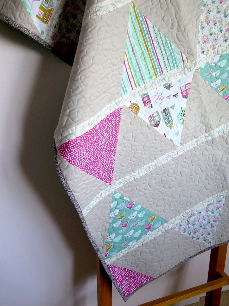 Pink blue toddler quilt baby blanket triangle quilt modern Etsy
