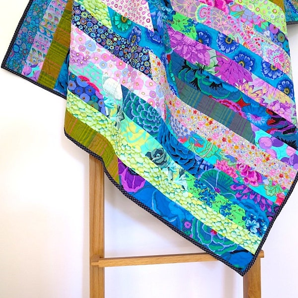 Colorful lap quilt, patchwork throw, kaffe fassett fabrics, blue green pink