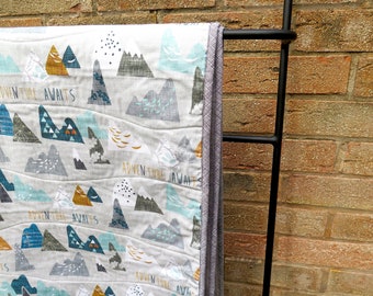 gender neutral baby quilt, toddler blanket, play mat, wholecloth quilt mountains 'Adventure awaits'