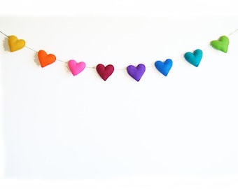 Rainbow heart garland, vertical garland with 8 felt hearts in bright colors