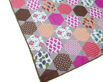 Lap quilt Boho twin bed quilt modern home decor pink brown blue