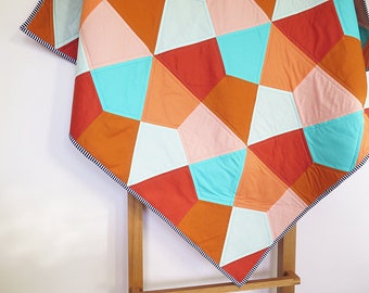 Baby toddler quilt modern geometric lap daybed quilt play mat in burnt orange peach aqua