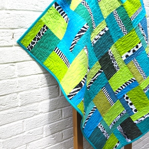 Baby quilt, modern geometric quilt, boy quilt, crib quilt, patchwork quilt, wall hanging, solids blue, green, turquoise image 1