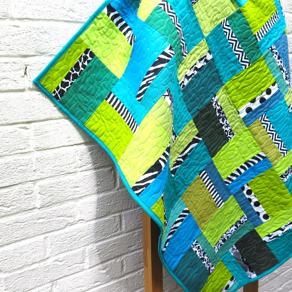 Baby quilt, modern geometric quilt, boy quilt, crib quilt, patchwork quilt, wall hanging,  - solids - blue, green, turquoise