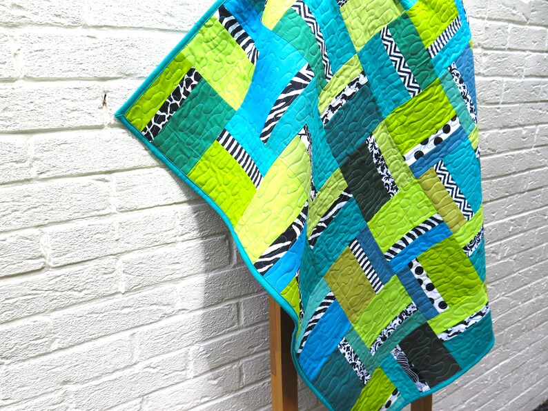 Baby quilt, modern geometric quilt, boy quilt, crib quilt, patchwork quilt, wall hanging, solids blue, green, turquoise image 1