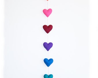 Handstitched Wool Felt Heart Garland: Rainbow Nursery Decor