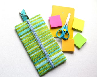 Large Pencil Case, Make-up bag, Zipper Pouch - turquoise lime green cotton fabric, quilted and fully lined