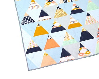 Modern geometric lap quilt, southwest design, teepee quilt, triangles, patchwork throw, grey mustard navy peach