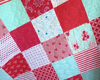 Baby quilt, red and aqua, gender neutral patchwork baby blanket