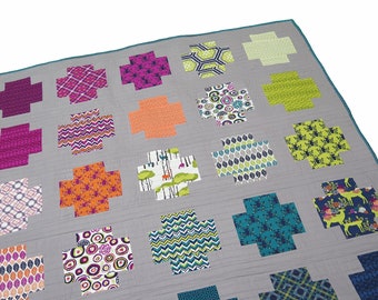 Colorful lap quilt, modern geometric quilt, toddler blanket, modern home decor, play mat, teal lime orange purple