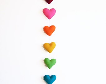 Valentines vertical rainbow Heart Garland handstitched felt hearts