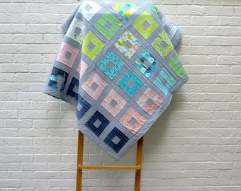 Modern lap quilt baby quilt modern geometric toddler blanket blue green pink play mat