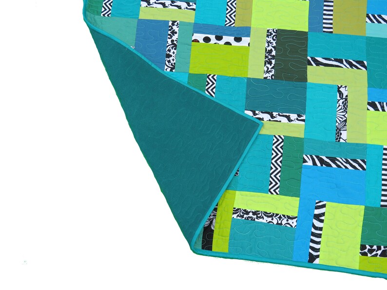 Baby quilt, modern geometric quilt, boy quilt, crib quilt, patchwork quilt, wall hanging, solids blue, green, turquoise image 9