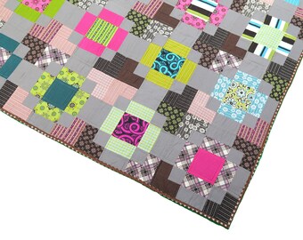 Modern geometric lap quilt, boho farmhouse style, pink green brown, modern home textile, gift for her