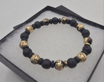Handmade Black Lava Stone Bracelet with Gold Leaf - Essential Oil Diffuser Jewelry