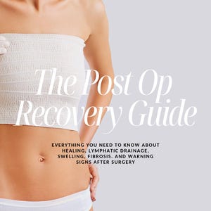 以下が含まれることがあります： 「The Post Op Recovery Guide」というタイトルのデジタルガイド。治癒、リンパドレナージュ、腫れ、線維症、術後の警告サインに関するテキストが記載されています。表紙には、白い圧迫着と白い下着を着用した人物が写っています。
