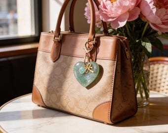 Monogrammed Bag Charm or Keychain- Epoxy Resin Heart with metal Monogram and Bow Detail