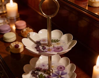 Metal, Two-tiered Serving Tray with Purple Dried Flowers in Epoxy Resin