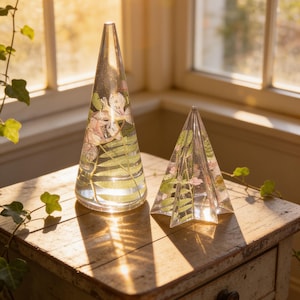 May include: Two clear resin sculptures containing pressed botanical elements. One sculpture is a tall, smooth cone shape, and the other is a shorter, five-pointed star shape. Both pieces feature visible green fern leaves and small pink flowers embedded inside.