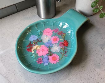 Turquoise Ceramic Spoon Rest with Resin Embedded, Dried Flowers