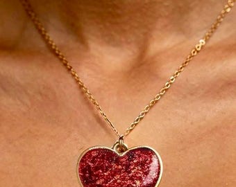Red Shimmer Glitter Heart Pendant Necklace, Antique Gold Resin Jewelry