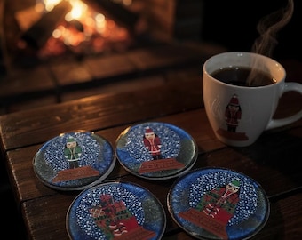 Toy Soldier, Tree Christmas Coaster Set- 4 Round Coasters with Holder