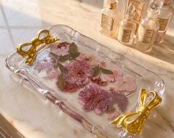 Pretty In Pink- Pressed Flower Trinket Tray with Gold Color Bow Detail