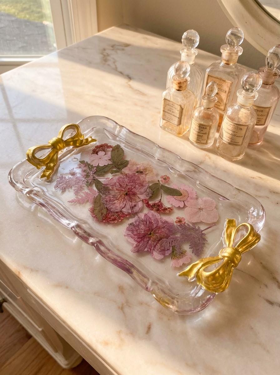 Pretty In Pink- Pressed Flower Trinket Tray with Gold Color Bow Detail
