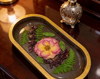 Trinket Tray- Epoxy Resin with Pink and Purple Dried Flowers and Gold Trim