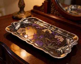 Pretty In Purple- Pressed Flower Trinket Tray with Silver, Hand Painted Bow Detail