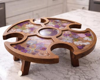 Wooden Table with Dried Flowers in Resin – Portable Charcuterie Board/Picnic Table