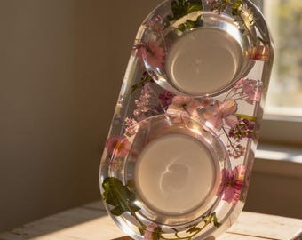 Double Sided Epoxy Resin Pet Feeder- with Dried Pressed Flowers and Stainless Steel Bowls