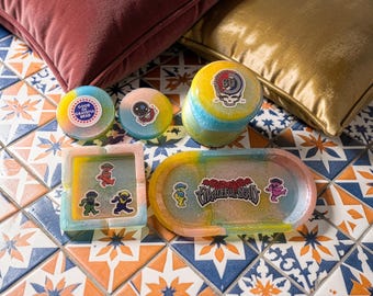 Smoker's Set-Grateful Dead Themed- 4 piece Tie Dye Style Resin with Vinyl Stickers- Includes Jar, Grinder, Rolling Tray and Ash Tray