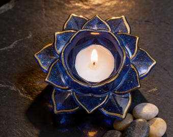 Lotus Tea Light Holder – Hand Painted Metallic Trim, Epoxy Resin Home Decor