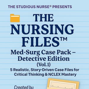 May include: A light blue background with the text "THE NURSING FILES" and "Med-Surg Case Pack - Detective Edition (Vol.1)". The image also features a yellow folder with a magnifying glass and the word "CONFIDENTIAL".