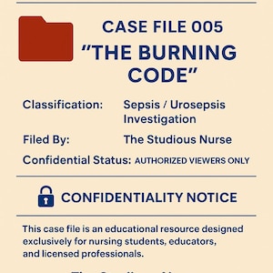 May include: A medical educational resource titled "THE NURSING FILES™" with "CASE FILE 005" on the cover. The case file is titled "THE BURNING CODE" and focuses on Sepsis / Urosepsis Investigation. The Studious Nurse is listed as the author.
