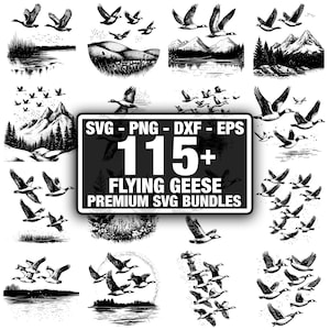 May include: A collection of black and white illustrations of flying geese, landscapes, and nature scenes. The image includes a central graphic that reads "SVG - PNG - DXF - EPS 115+ FLYING GEESE PREMIUM SVG BUNDLES".