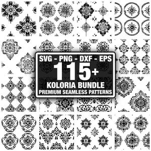 Op de afbeelding: Een verzameling zwart-witte naadloze patronen met bloemen- en geometrische ontwerpen. De afbeelding bevat een bord met de tekst "SVG - PNG - DXF - EPS" en "115+ KOLORIA BUNDLE PREMIUM SEAMLESS PATTERNS".