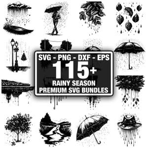 May include: Black and white illustrations of rainy season scenes. The image includes drawings of umbrellas, rain, leaves, a person with an umbrella, and the text "115+ Rainy Season Premium SVG Bundles".