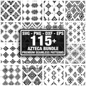 May include: A collection of black and white Aztec-style seamless patterns. The patterns feature geometric shapes and tribal designs. A sign reads "SVG - PNG - DXF - EPS" and "115+ AZTECA BUNDLE PREMIUM SEAMLESS PATTERNS."