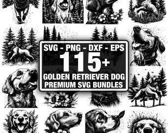 Puede incluir: Una colección de ilustraciones en blanco y negro de perros Golden Retriever. Las imágenes incluyen varias poses, algunas con detalles florales y fondos de bosque. Un letrero central dice "SVG - PNG - DXF - EPS" y "115+ GOLDEN RETRIEVER DOG PREMIUM SVG BUNDLES."