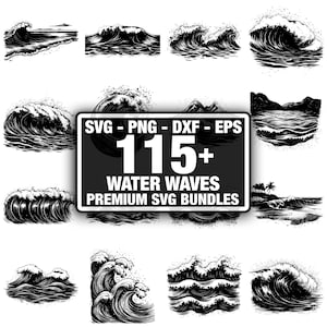 Pode incluir: Uma coleção de designs de ondas de água em preto e branco. A imagem inclui várias ilustrações de ondas oceânicas, com um gráfico central que diz "SVG - PNG - DXF - EPS 115+ WATER WAVES PREMIUM SVG BUNDLES."