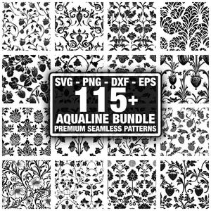 May include: A collection of black and white seamless patterns featuring floral and fruit designs, including strawberries and stylized flowers. The image includes a central graphic with the text "SVG - PNG - DXF - EPS 115+ AQUALINE BUNDLE PREMIUM SEAMLESS PATTERNS."