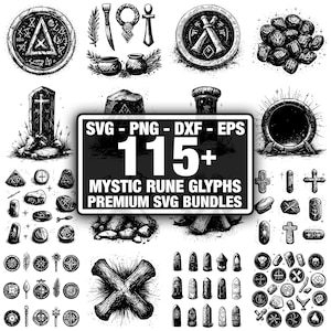 Könnte beinhalten: Eine Sammlung mystischer Runen-Glyphen in Schwarz-Weiß mit verschiedenen Formen und Designs. Das Bild enthält ein Schild mit der Aufschrift "SVG - PNG - DXF - EPS 115+ MYSTIC RUNE GLYPHS PREMIUM SVG BUNDLES".