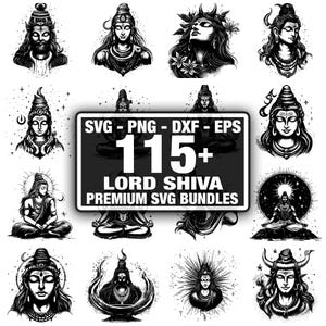 Può includere: Una collezione digitale di illustrazioni in bianco e nero che raffigurano Lord Shiva in varie pose meditative. Un cartello rettangolare centrale mostra il testo: SVG - PNG - DXF - EPS 115+ LORD SHIVA PREMIUM SVG BUNDLES.
