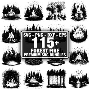 Puede incluir: Ilustraciones en blanco y negro de escenas forestales, incluyendo hogueras y árboles. La imagen presenta un gráfico central con el texto "SVG - PNG - DXF - EPS" y "115+ FOREST FIRE PREMIUM SVG BUNDLES."