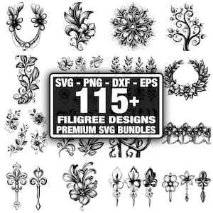 Paquete de más de 115 diseños de filigrana en formato SVG, descarga digital instantánea en formatos png, dxf, eps y svg.