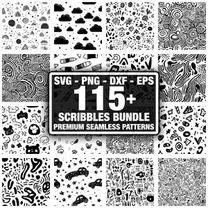 May include: A collection of black and white seamless patterns with various designs, including clouds, stars, and abstract shapes. The image also features a graphic with the text "SVG - PNG - DXF - EPS 115+ SCRIBBLES BUNDLE PREMIUM SEAMLESS PATTERNS."